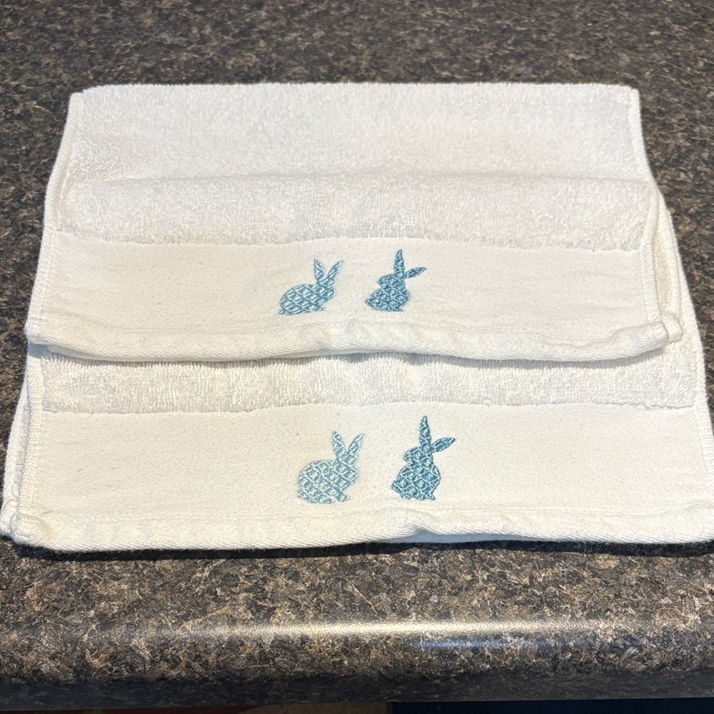 White Bath Towels with Blue Bunny Design